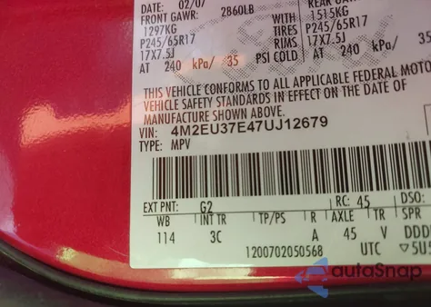 2007 Mercury Mountaineer из США, поврежденный, VIN 4M2EU37E47UJ12679